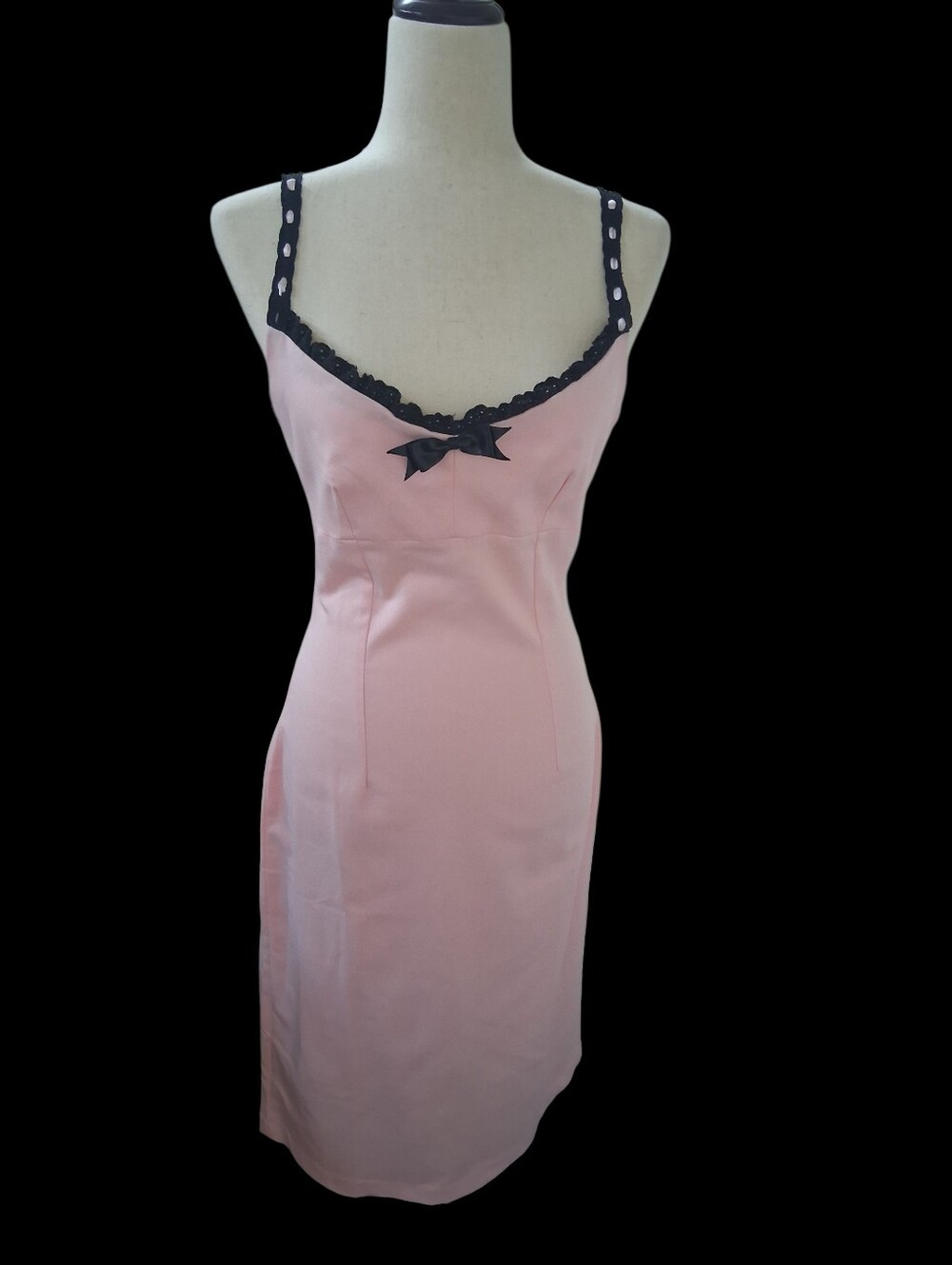Glamour Bunny Pink Wiggle Dress Medium Black Lace Trim Strap Detail Bow Pencil